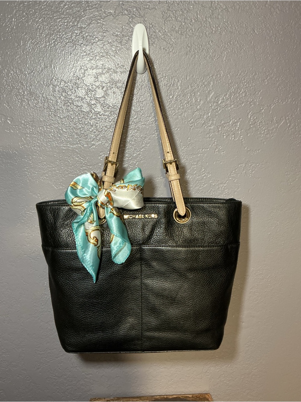 Michael Kors Black Leather Tote with Tan Straps and Turquoise Scarf Accent